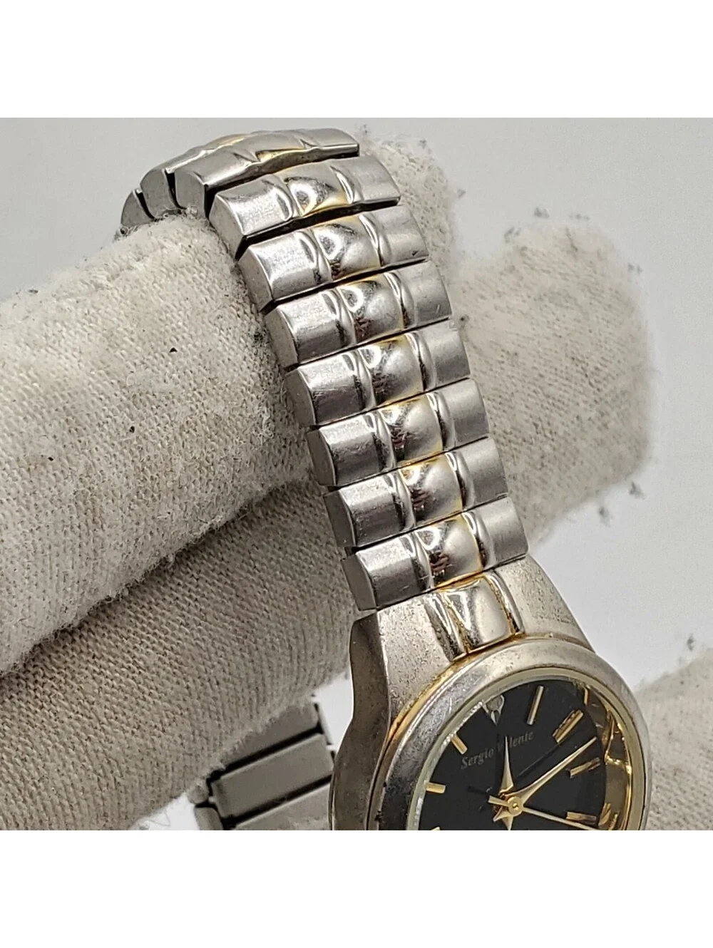 Sergio Valente Quartz Womens Watch 22mm Black Dial Silver Tone Stretch Band New